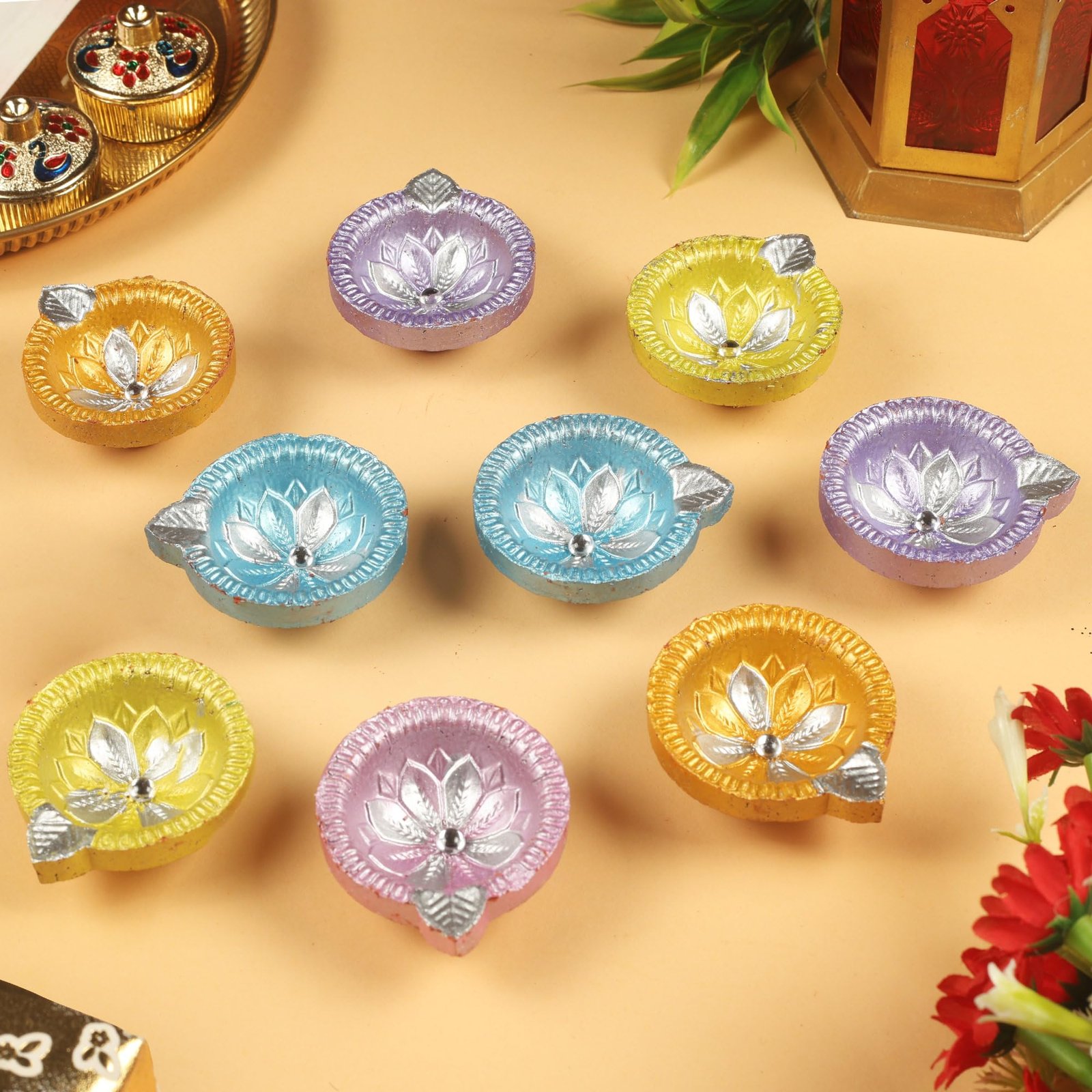 KSJONE Handmade and Handpainted Earthen Clay Diyas for Diwali Pooja Festival Decoration Lights for Diwali Decoration Home Indoor Outdoor Decor with Cotton Wicks (Set of 12) - Image 4