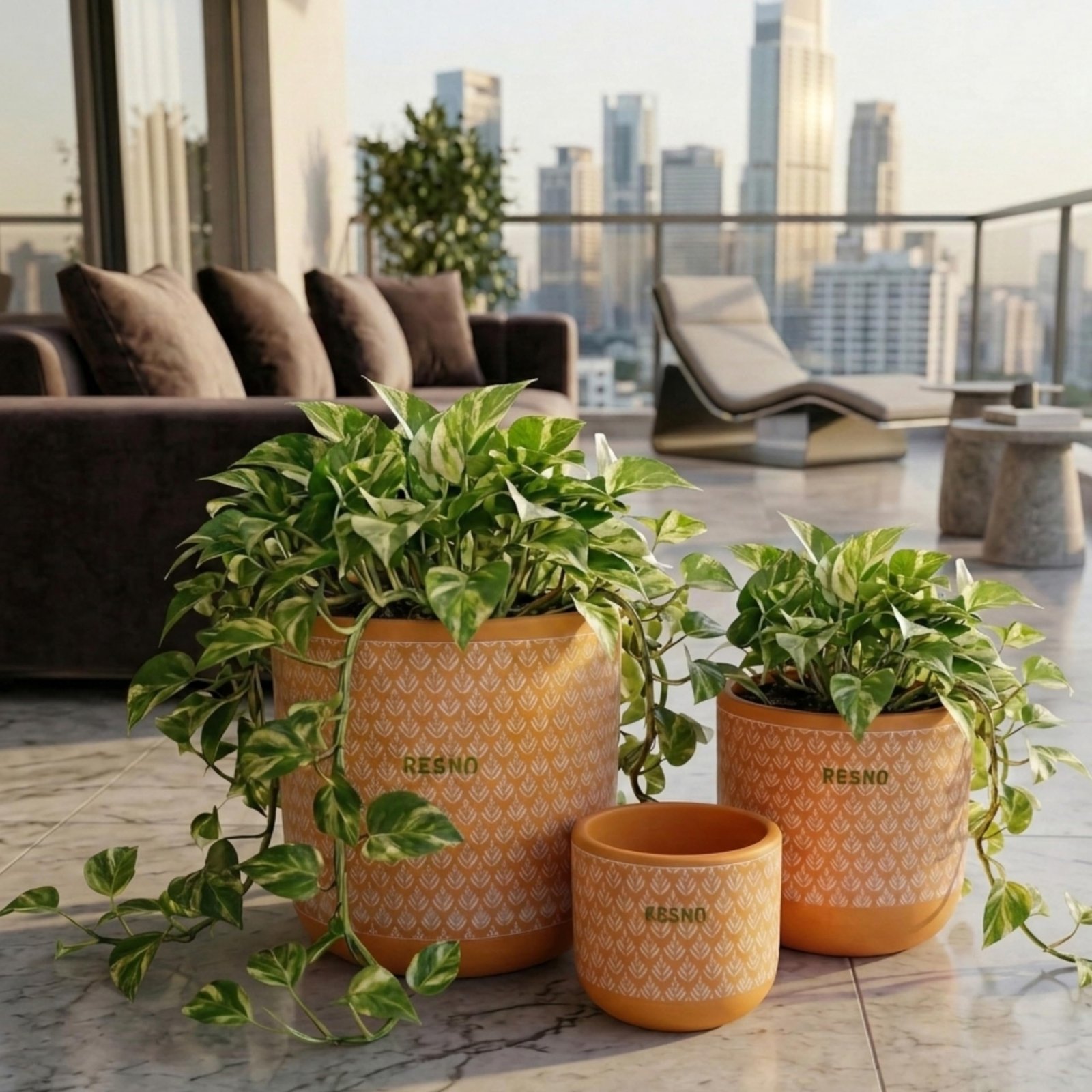 RESHA Interior & DECORTerracotta Pots for Plants Indoor Outdoor | RIVAAH-2 Hand Painted Terracotta Planter | Pot for Home, Balcony, Office & Garden (Orange Base + White Pattern, Set of 3) - Image 6