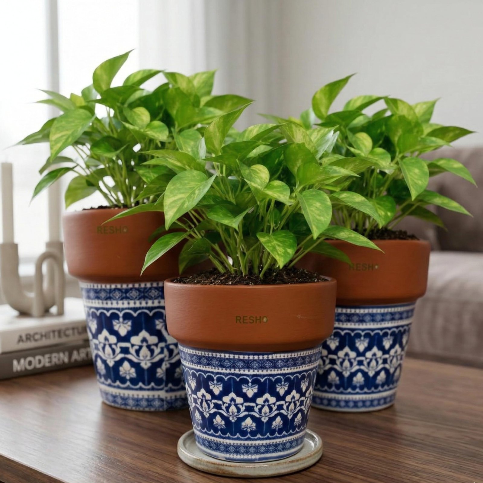 RESHA INTERIOR & DECORTerracotta Pots for Plants Indoor Outdoor | JODHPURE Hand Painted Terracotta Planter | Pot for Home, Balcony & Garden (Terracotta Base + Jodhpur Blue with White Floral, Set of 3) - Image 2