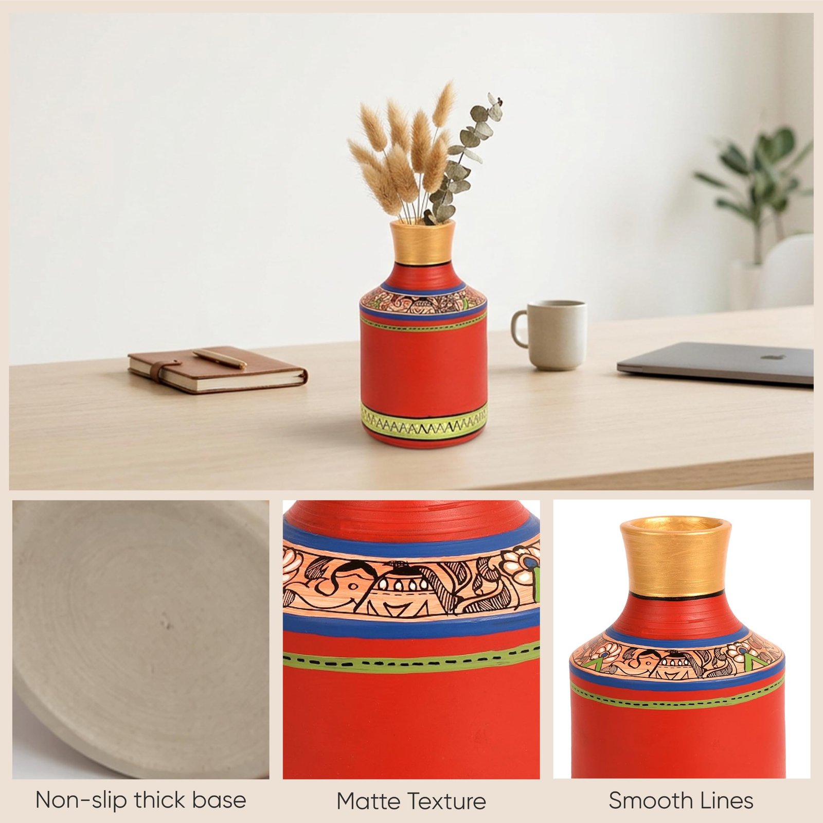 Aakriti Art Creations Handcrafted Red Madhubani Terracotta Vase (7.2x4.5 HxD) | Traditional Hand-Painted Flower Vase | Matte Finish Decorative Vase for Living Room Décor, Table Décor & Gifting - Image 8