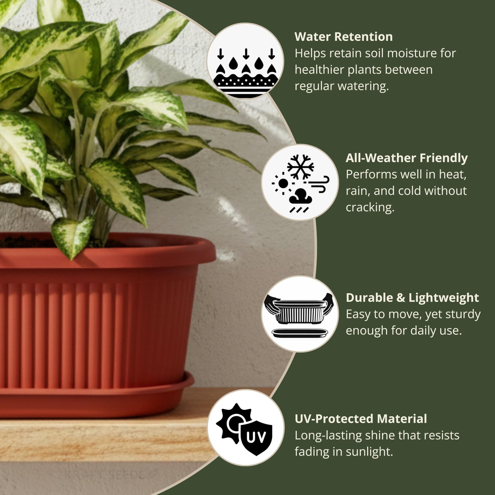 Kraft Seeds Regalia 16 inch Medium(Pack of 1) Flower Pots for Garden with Bottom Plate Big Size Durable UV Resistant Plastic Gamla for Plants Indoor Outdoor Weatherproof - Image 6