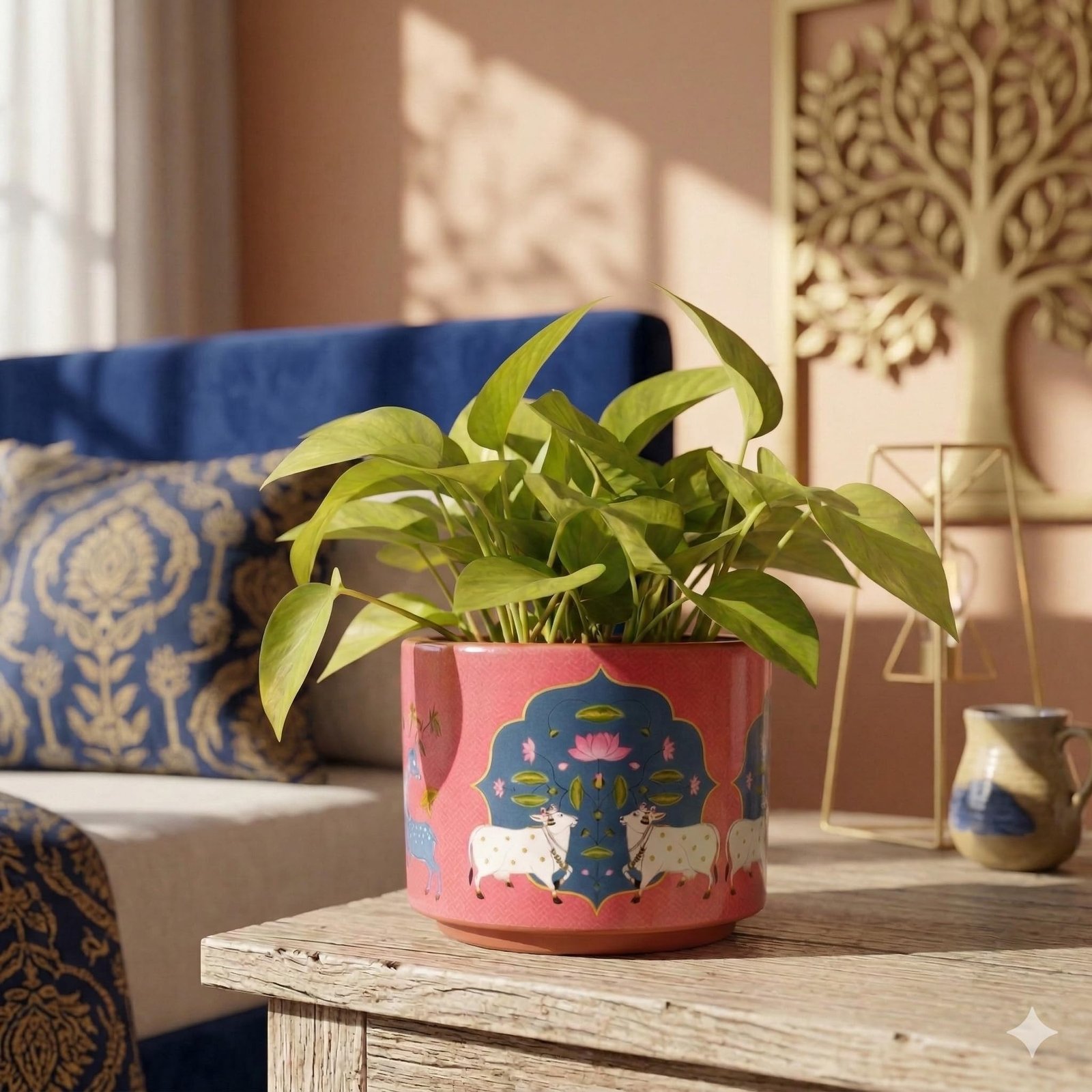 RESHA Interior & DECORTerracotta Pots for Plants Indoor Outdoor | PITCHWAI-1 Hand Painted Terracotta Planter | Pot for Home, Balcony, Office & Garden (Orange Base + White Pattern, Set of 1) - Image 5
