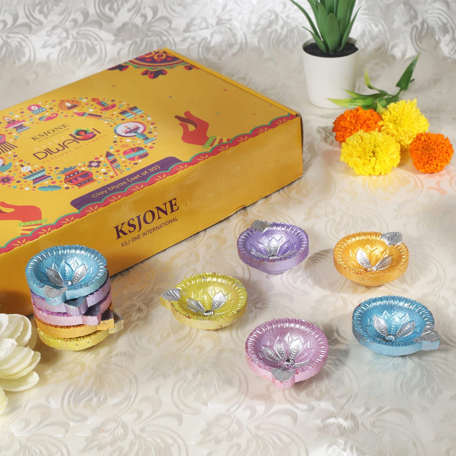 KSJONE Handmade and Handpainted Earthen Clay Diyas for Diwali Pooja Festival Decoration Lights for Diwali Decoration Home Indoor Outdoor Decor with Cotton Wicks (Set of 12) - Image 6