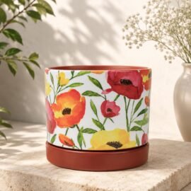 Habere India-All the Cultures Fabricating India Floral Poppy Print Terracotta Planter with Saucer | Hand Painted Indoor Plant Pot | Breathable Clay Pot with Drainage Hole (Multi: L11 x W11 x H10 cm)