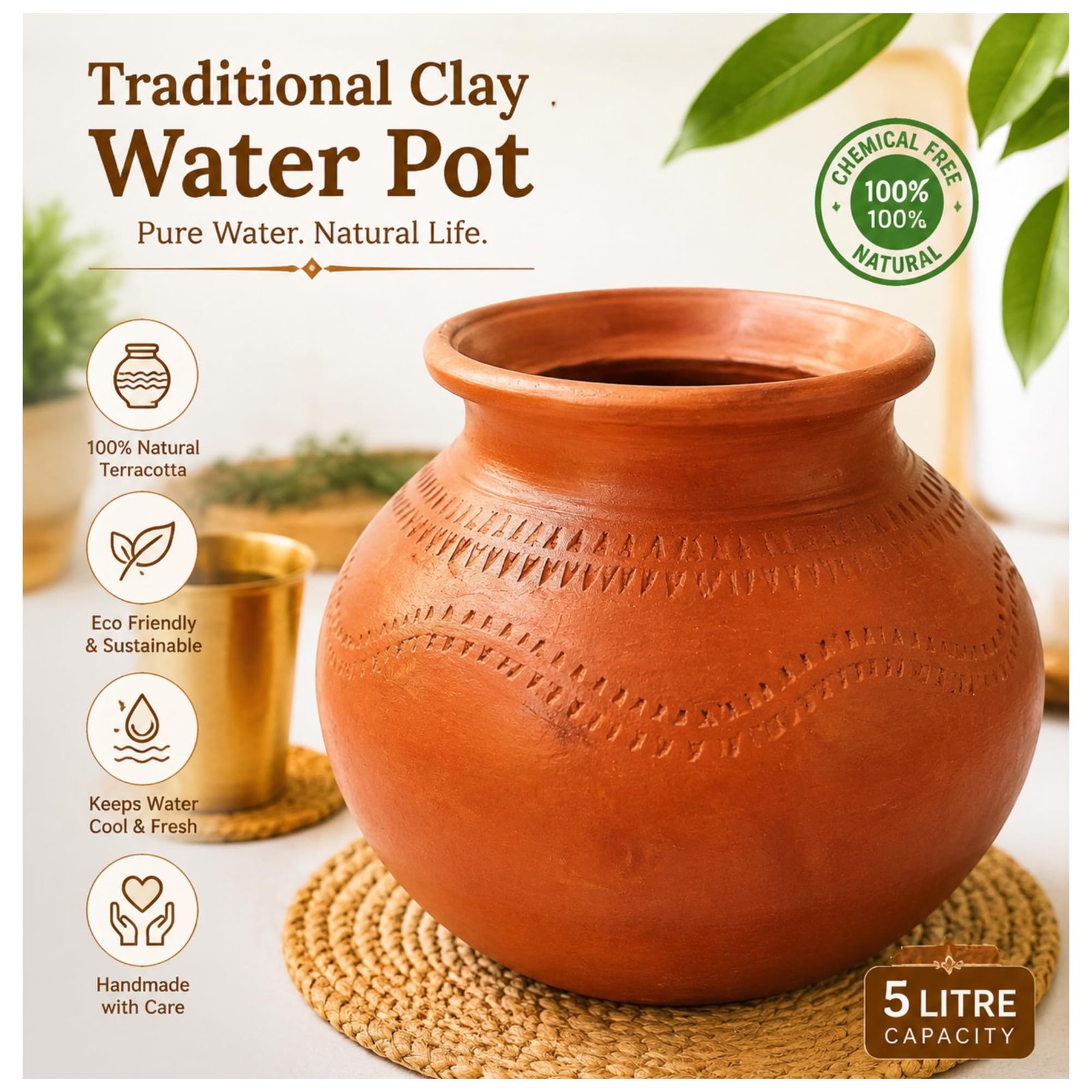 5 Litre Clay Water Pot for Drinking | Natural Earthen Matka | Keeps Water Cool | Healthy Traditional Mud Pot | Eco-Friendly Terracotta Water Storage Pitcher for Home & Kitchen - Image 5