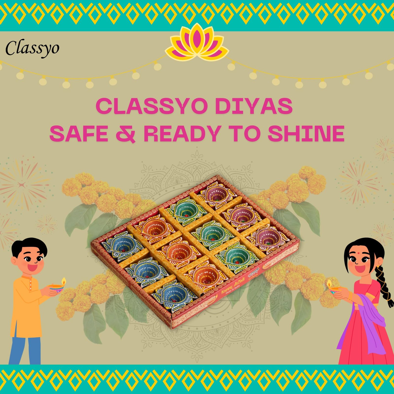 Classyo Mitti Diya Handmade Clay Diyas for Puja - Colourful Diyas for Diwali Decoration, Hand Painted Diwali Diya & Festive Celebrations (Set of 12) - Image 7