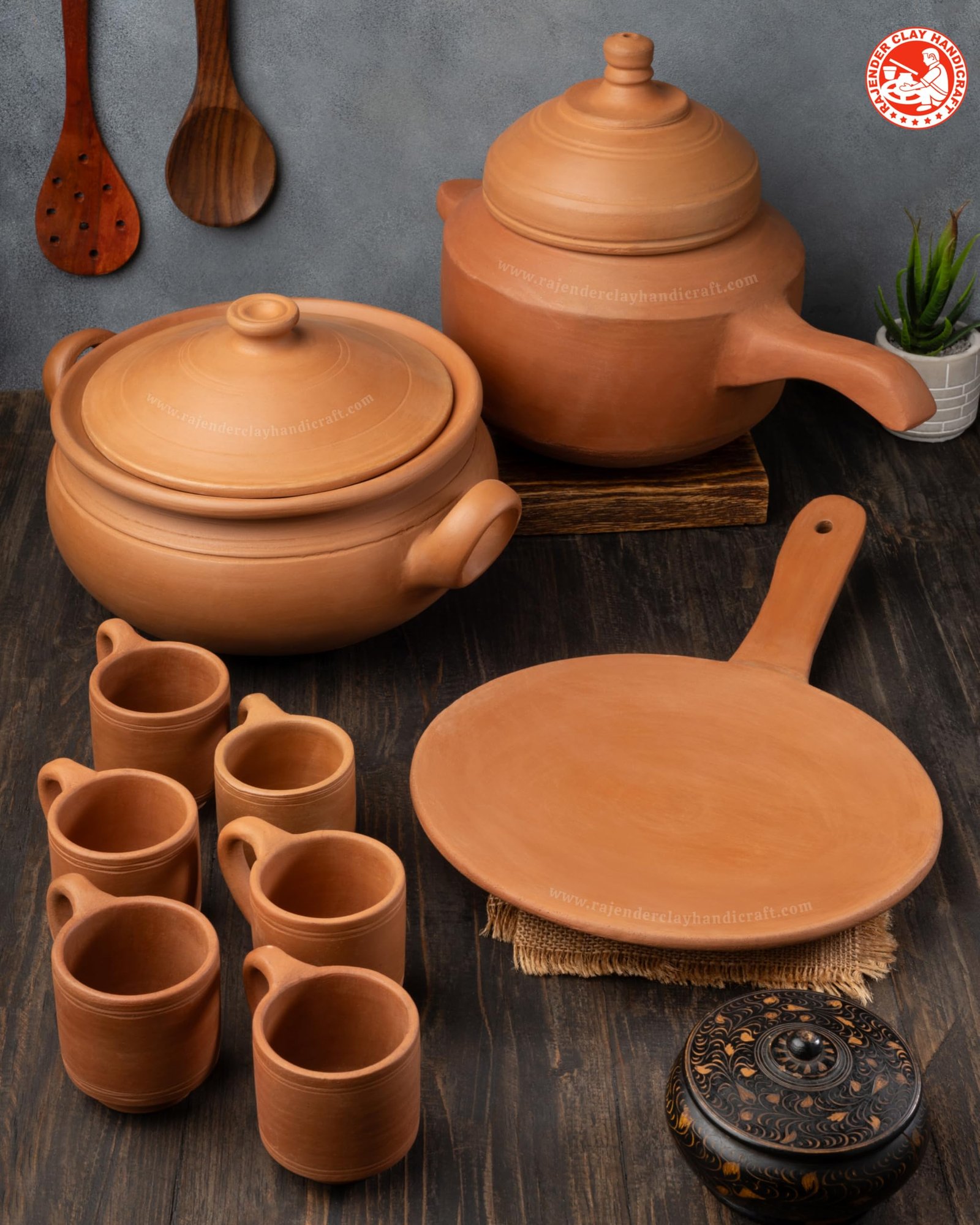 Handmade Mitti Cookware Combo Set | Cooker 4L, Kadhai 3L, Natural Handle Tawa, 6 Cups 150ml | Ideal for 4-6 Members | Eco-Friendly & Traditional Clay Pots for Healthy Cooking & Authentic Taste - Image 3