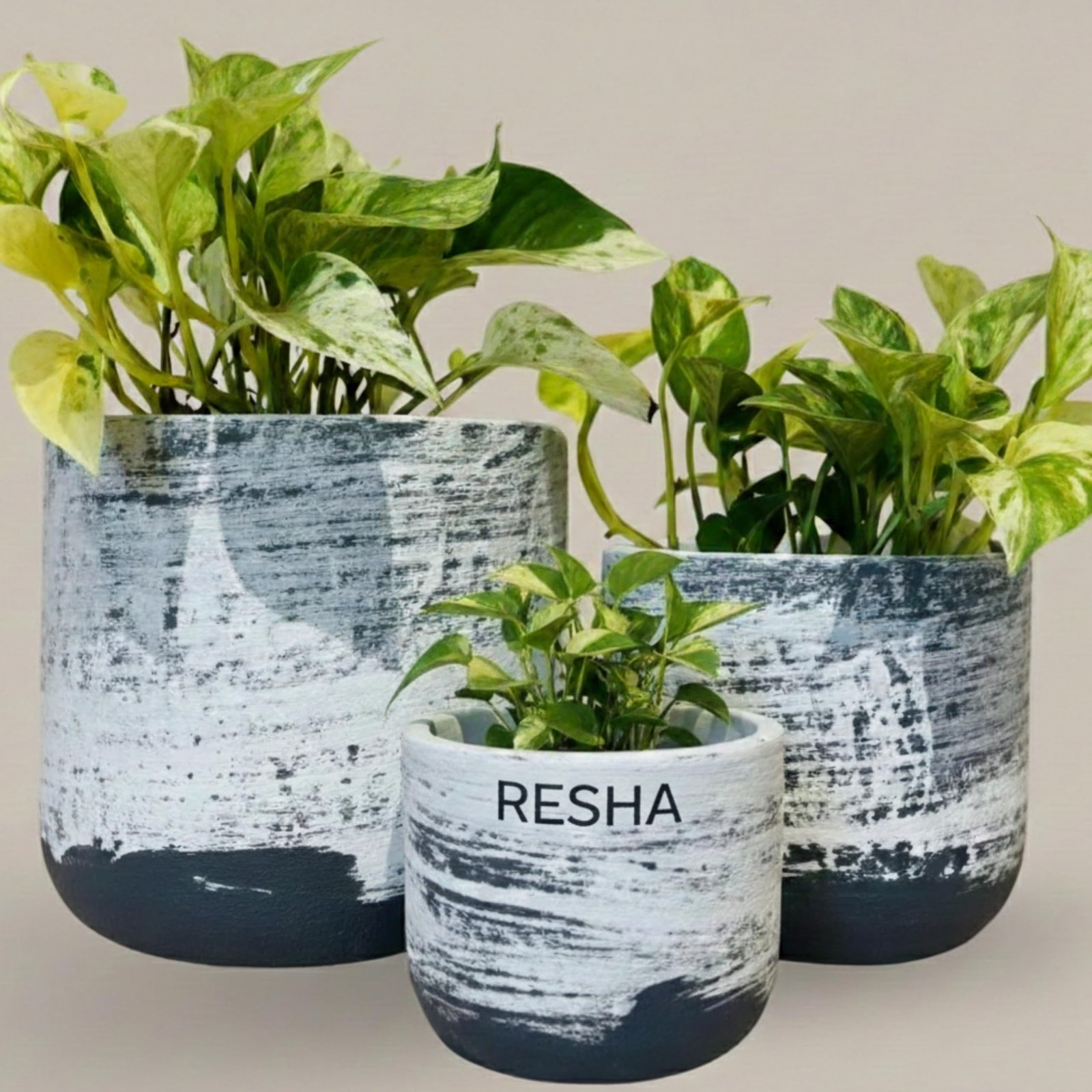 RESHA Interior & DECORTerracotta Pots for Plants Indoor Outdoor | Ashen-2 Hand Painted Terracotta Planter | Pot for Home, Balcony, Office & Garden (White, Soft Grey, Set of 3) - Image 5