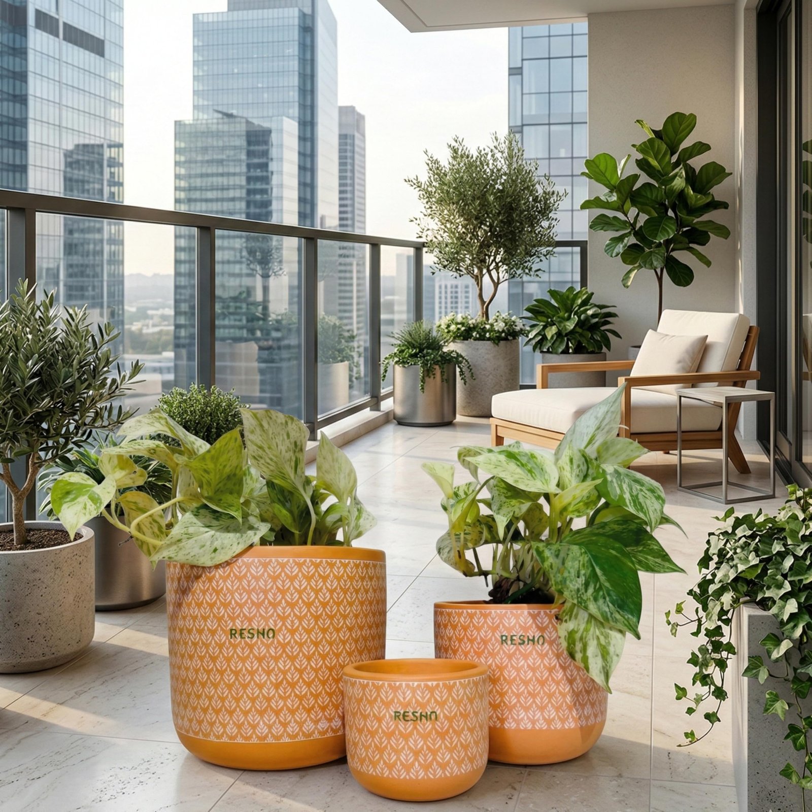 RESHA Interior & DECORTerracotta Pots for Plants Indoor Outdoor | RIVAAH-2 Hand Painted Terracotta Planter | Pot for Home, Balcony, Office & Garden (Orange Base + White Pattern, Set of 3) - Image 5