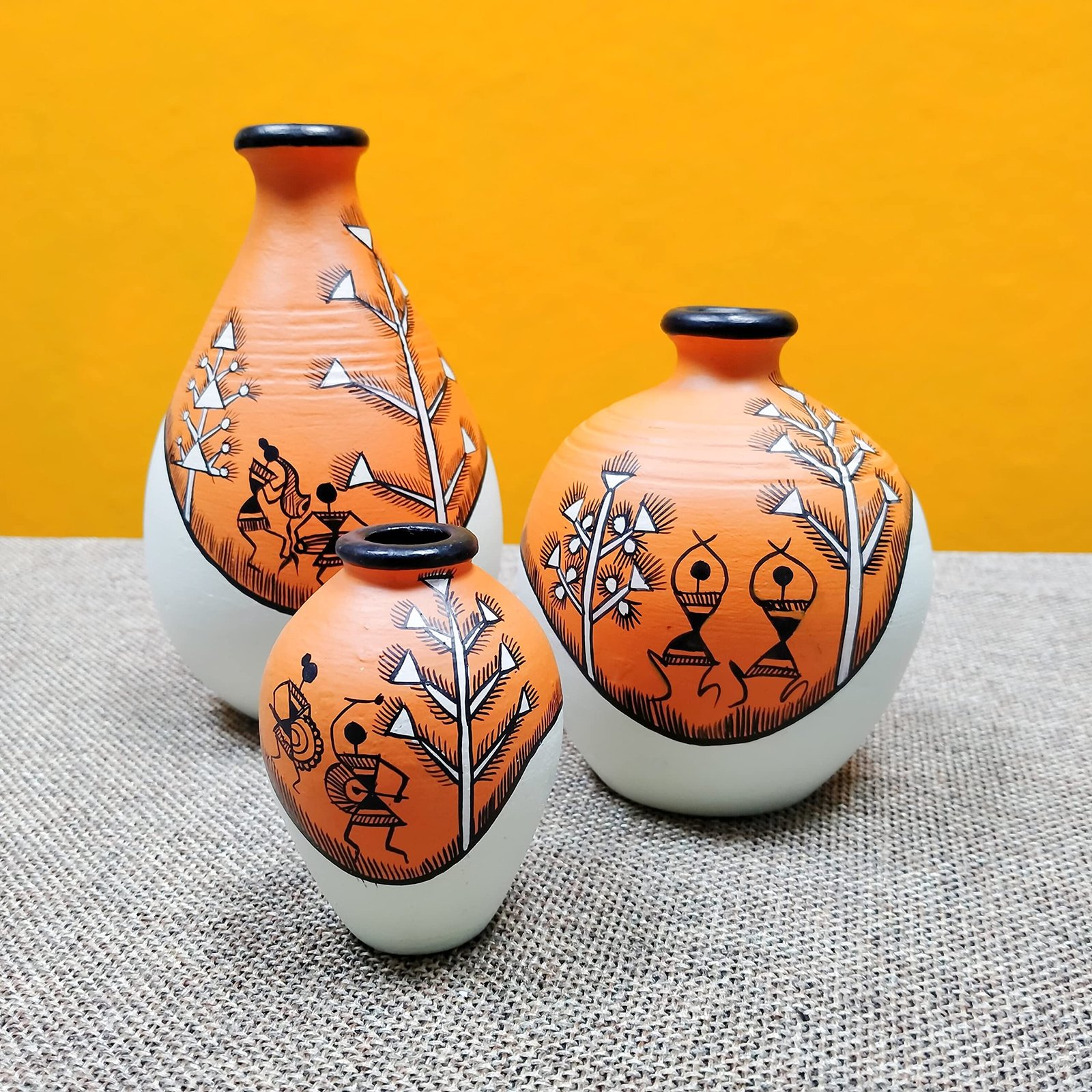 ARTYSTA BEAUTIFYING LIVES Earthenware'Warli Forests'Orange&Off White Handpainted Terracotta Oblong Flower Vases|Terracotta Decorative For Home Decor Earthen Flower Vase Pots For Home&Office(Set Of 3) - Image 2