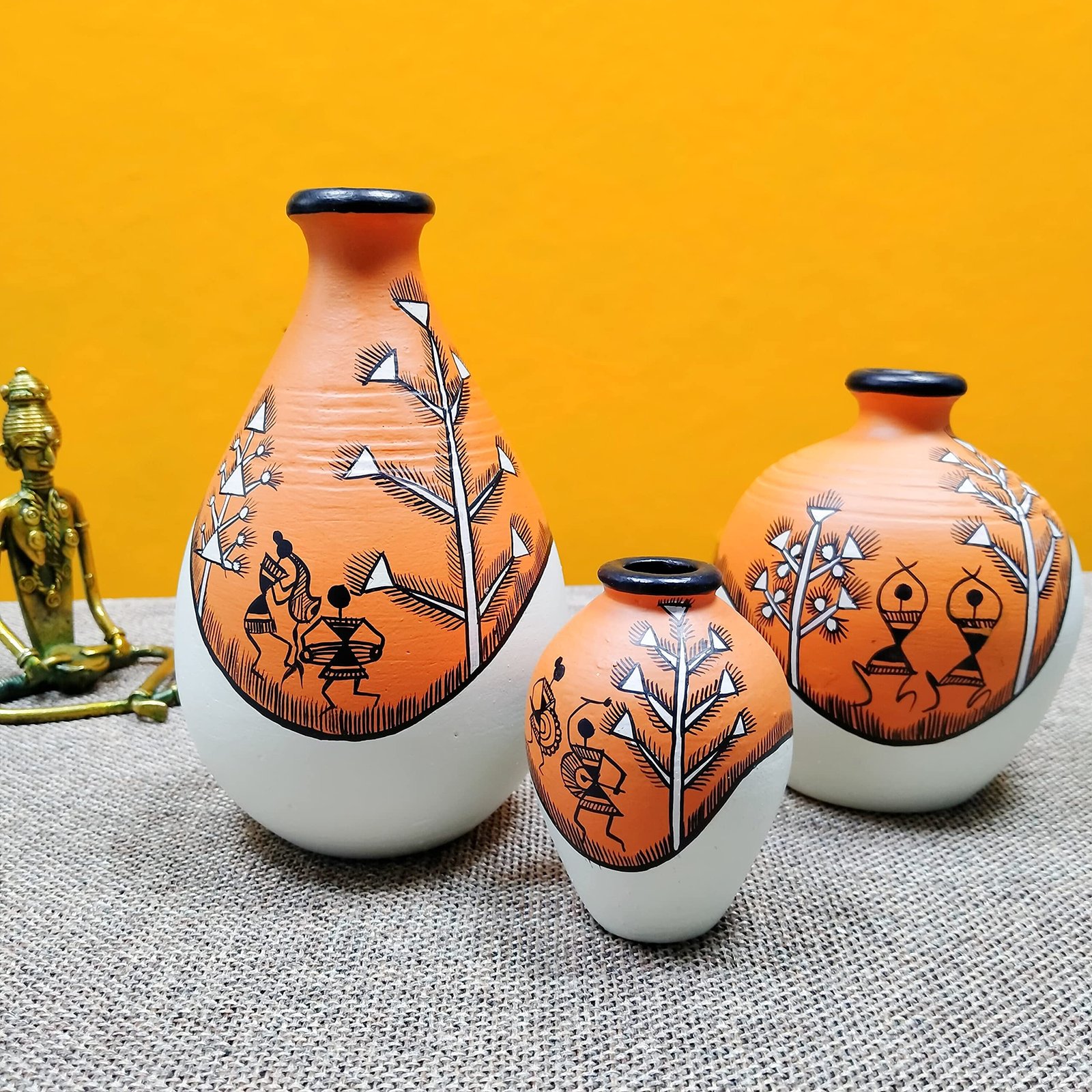 ARTYSTA BEAUTIFYING LIVES Earthenware'Warli Forests'Orange&Off White Handpainted Terracotta Oblong Flower Vases|Terracotta Decorative For Home Decor Earthen Flower Vase Pots For Home&Office(Set Of 3)