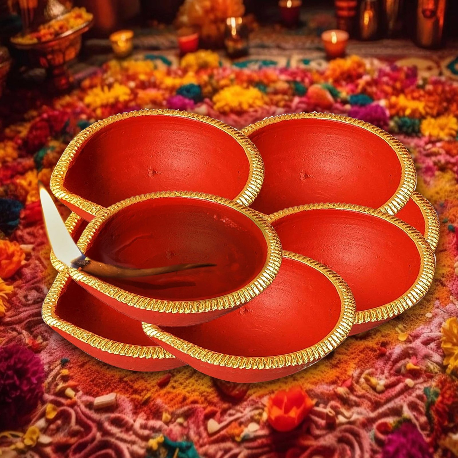 Pure Source India Traditional Handmade Earthen Clay Big Size Diya for Laxmi Poojan Multi Colour, 12 Pieces - Image 6